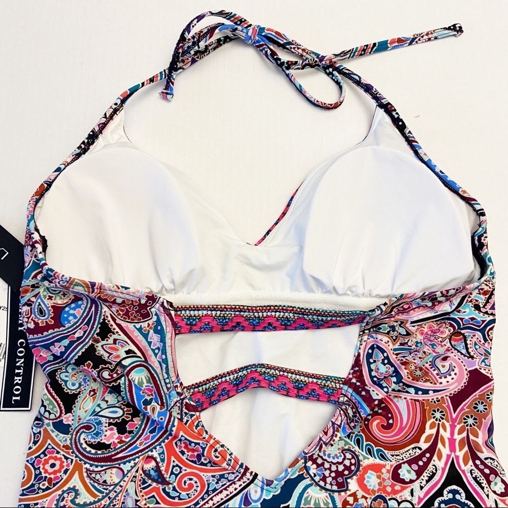 Sold La Blanca Purple Paisley Halter V Neck Tummy Control One Piece Swimsuit - Picture 5 of 8